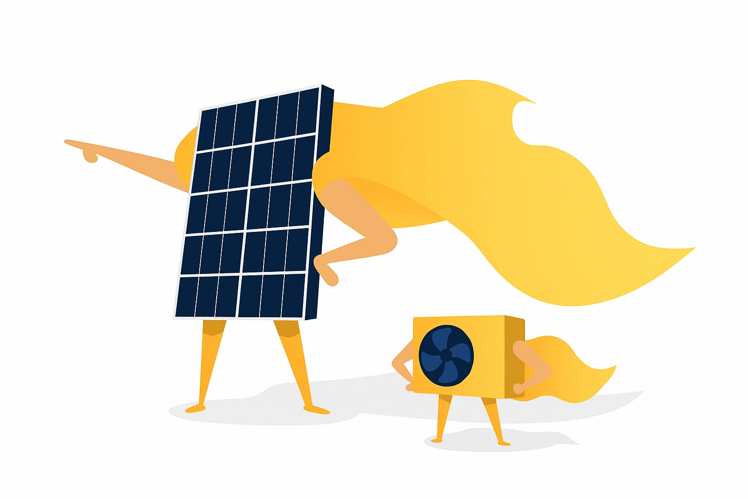Ein Solarmodul und eine Wärmepumpe mit Cape und in die Seite gestützten Armen. Das Solarmodul zeigt mit dem Finger in die Ferne.